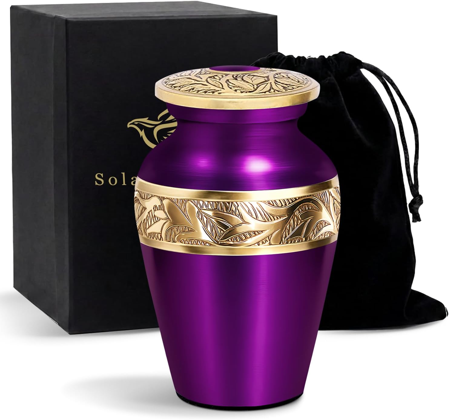 Purple keepsake urn with its velvet bag and gift box