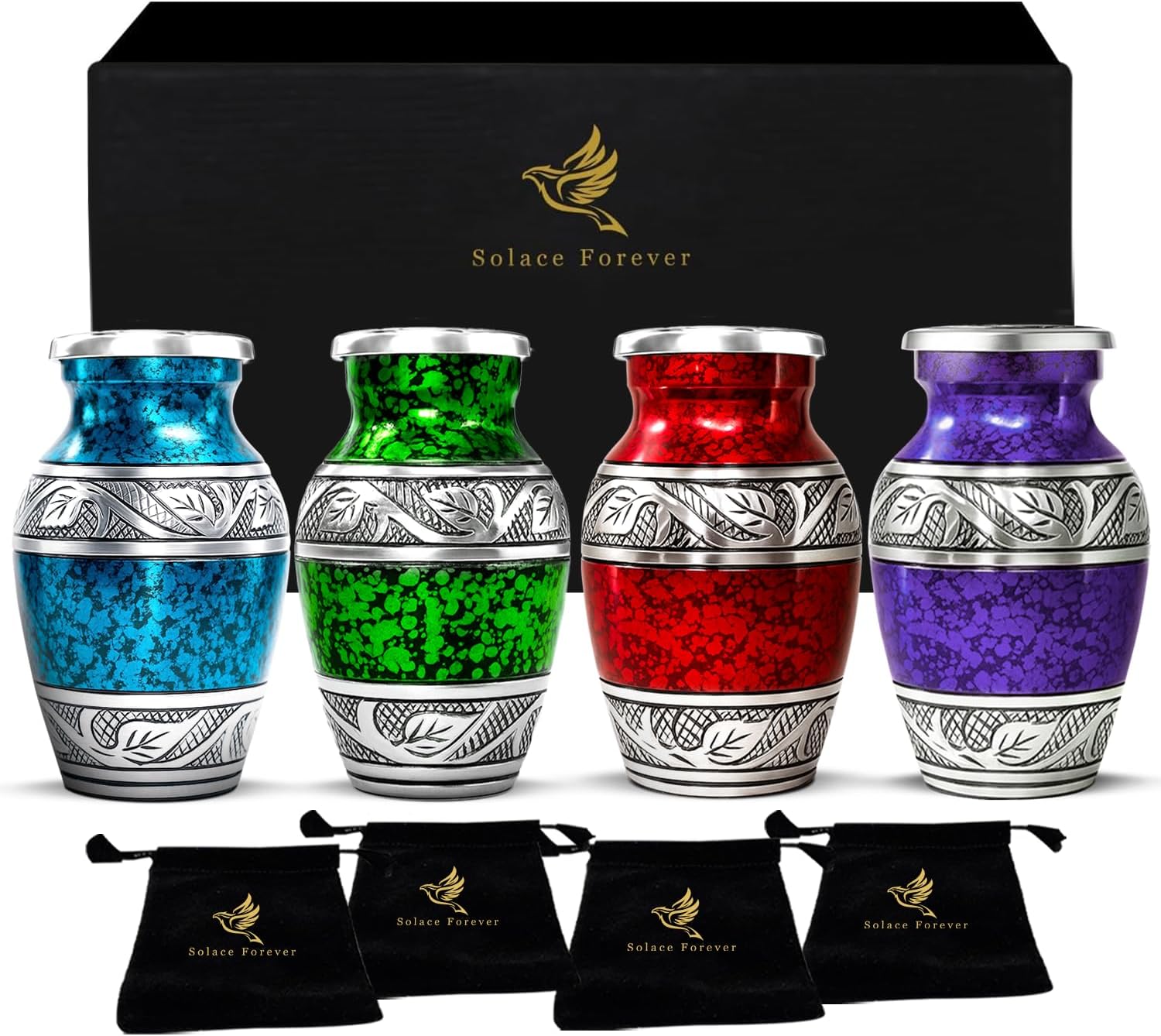 The complete multicolour keepsake set — four keepsake urns in blue, green, red and purple with silver bands and velvet bags in a presentation box