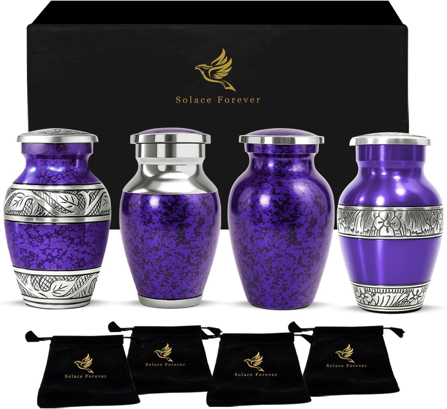 Set of four purple mini keepsake urns with velvet bags
