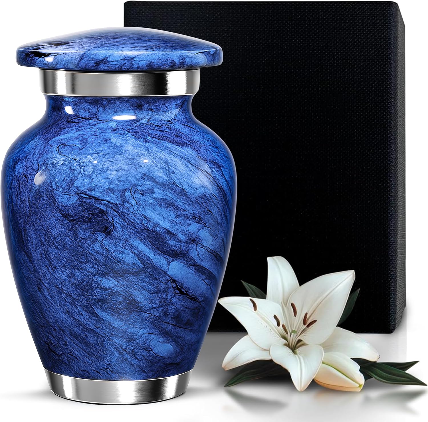 Blue marble keepsake urn with its velvet bag and gift box