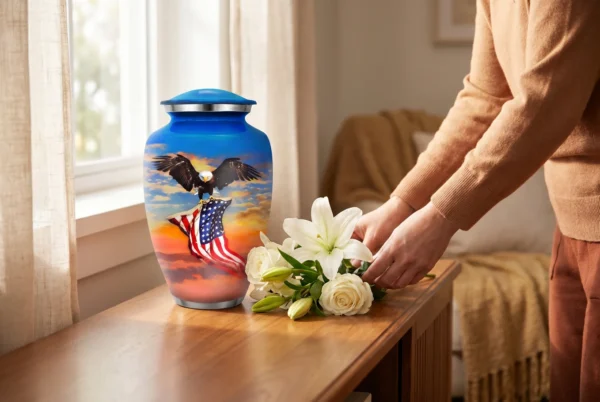 American Eagle Flag cremation urn with woman placing flowers