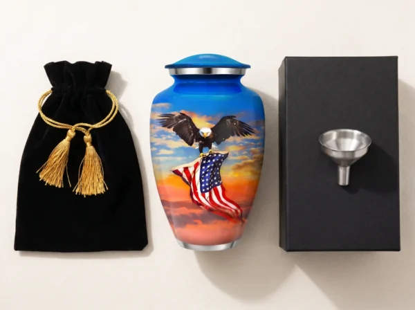 American Eagle Flag cremation urn with velvet bag, silver funnel and box