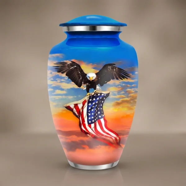 American Eagle Flag Cremation Urn for Adult Ashes – Blue Sunset – Solace Forever
