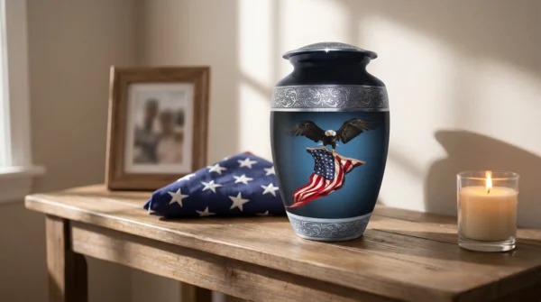 American eagle flag urn at home with a folded American flag