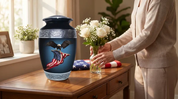 A woman placing white flowers beside the American eagle flag urn at home