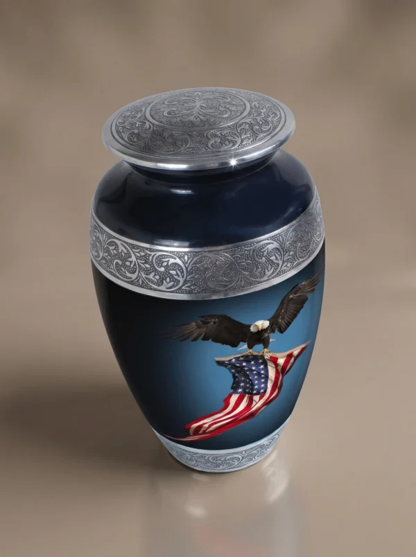 Black American Eagle Flag cremation urn three-quarter angle view
