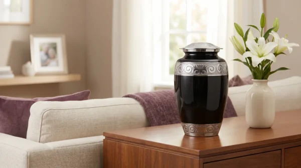 Black enamel adult cremation urn displayed on a console table with white lilies in a softly lit room