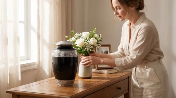 A woman arranging white flowers beside the black enamel urn at home