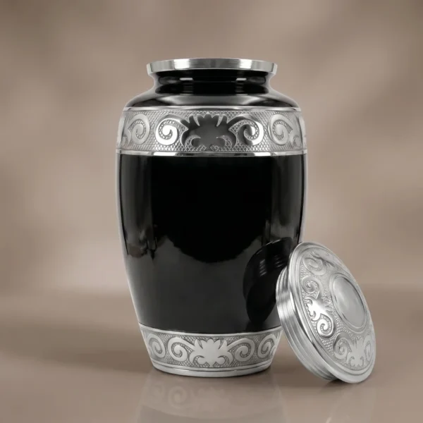 black enamel cremation urn with lid off showing the silver screw thread inside the neck