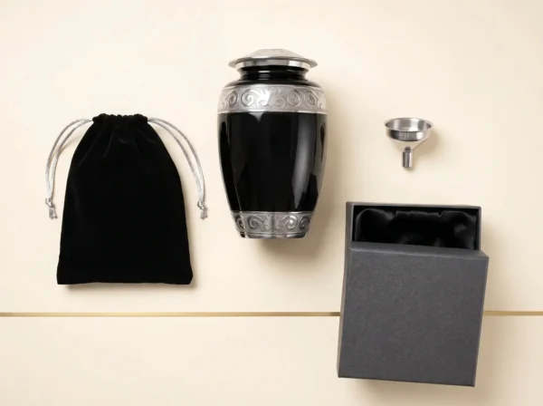 Black enamel urn with a velvet bag, pouring funnel and presentation gift box