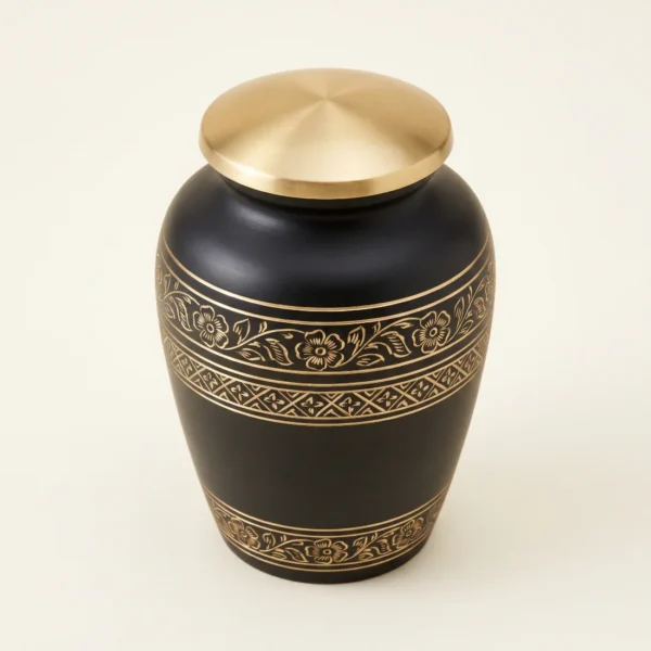 Black and gold keepsake urn three-quarter angle