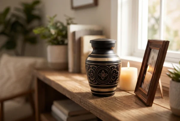 Black and gold keepsake urn on a shelf with a candle and a framed photo
