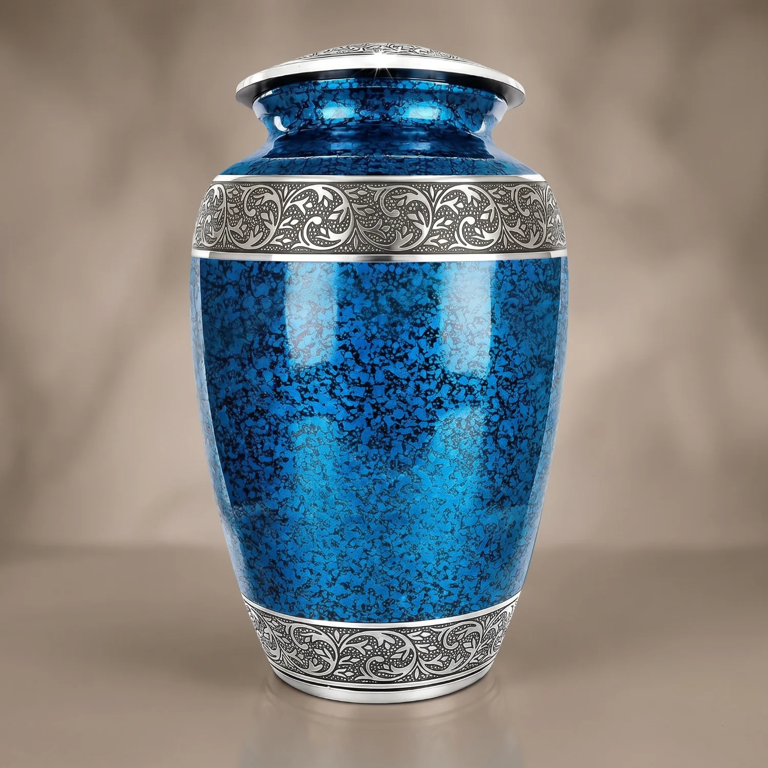 Blue cremation urn family set — a matching large urn with keepsakes to share