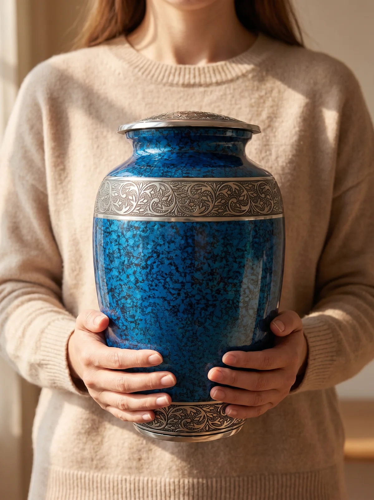Woman holding the blue family-set urn to show its size