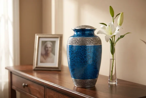 Blue cremation urn on a console table with a white lily