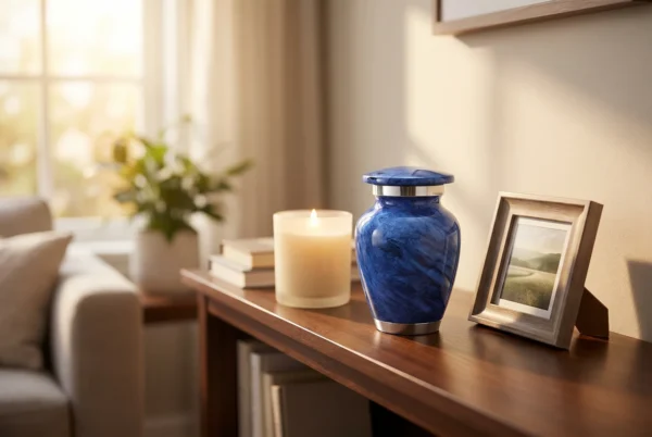 Blue marble keepsake urn on a shelf with a candle and a framed photo