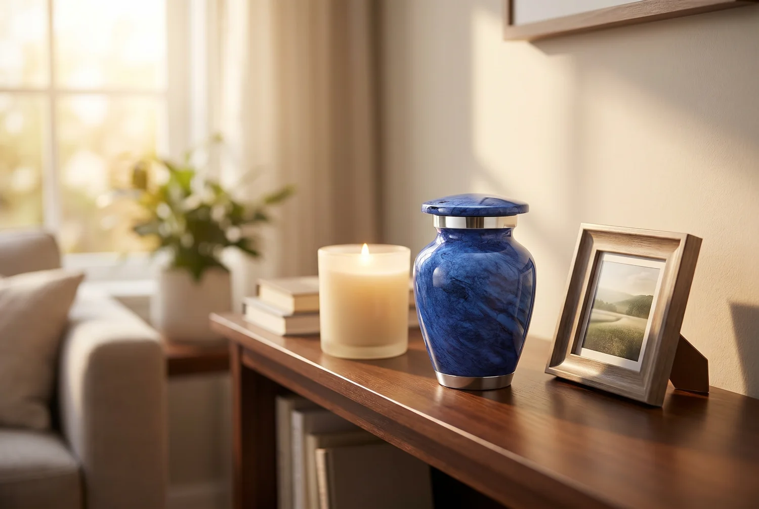 Blue marble keepsake urn at home beside a candle