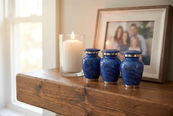 Three blue marble keepsake urns on a mantel, one for each family member