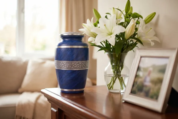 Blue Marble cremation urn at home