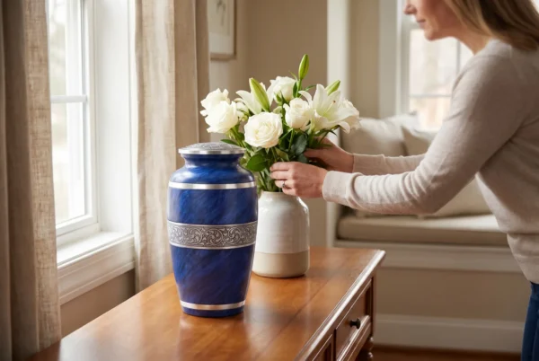 Blue Marble cremation urn with woman placing flowers