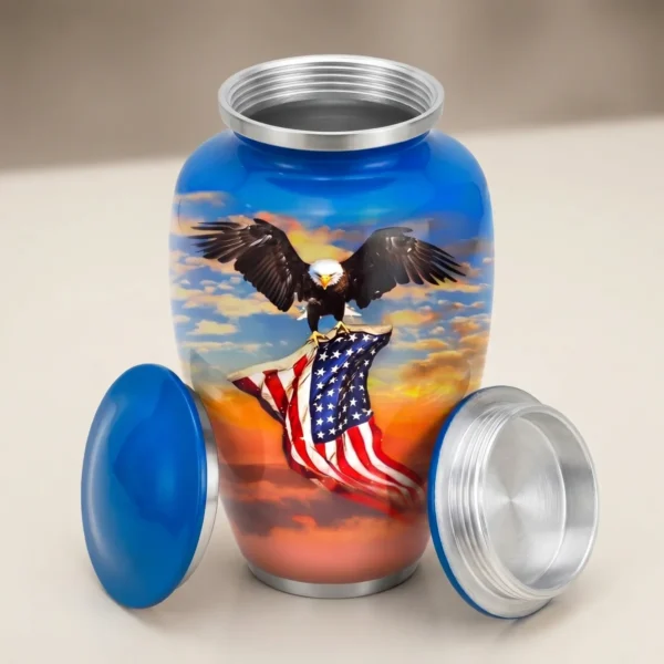 eagle flag blue cremation urn with lid off showing the silver screw thread inside the neck