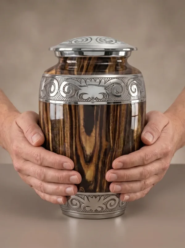 Espresso Wood cremation urn held for scale