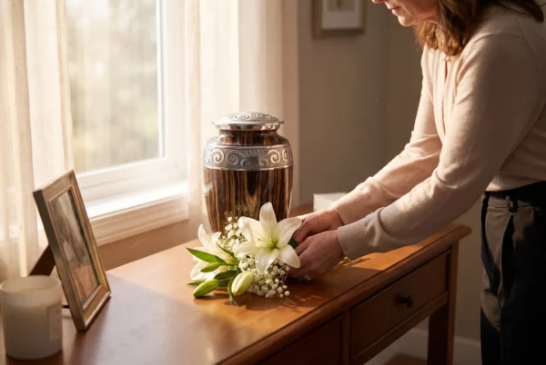 Espresso Wood cremation urn with woman placing flowers