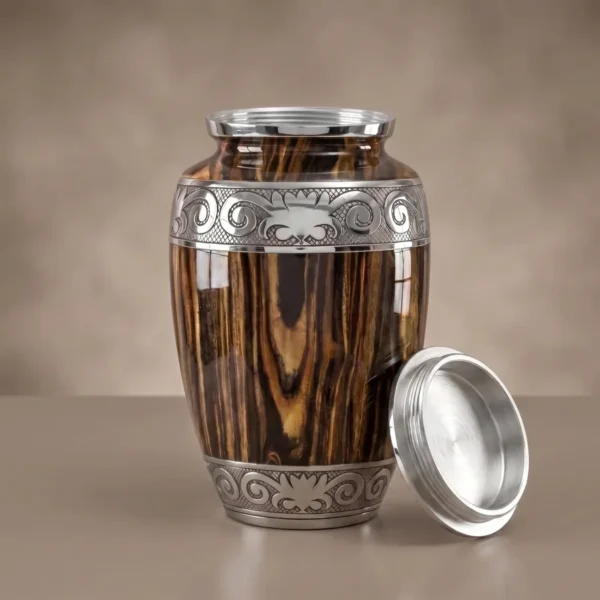 espresso wood cremation urn with lid off showing the silver screw thread inside the neck