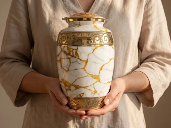 Person holding the full-size gold marble urn to show its scale