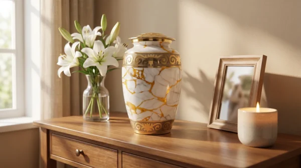 Gold marble urn displayed at home with white lilies