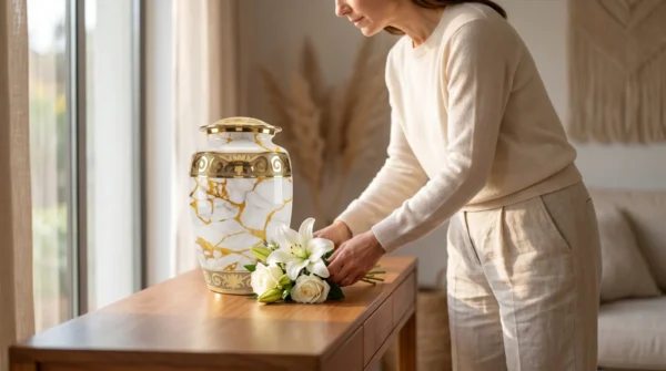 A woman placing white flowers beside the gold marble urn at home
