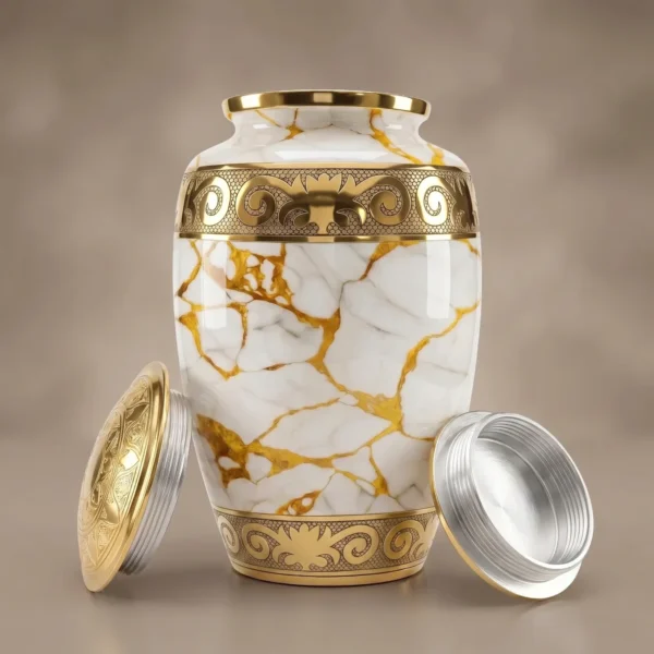 gold marble cremation urn with lid off showing the silver screw thread inside the neck