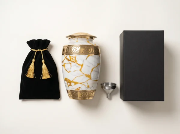 Gold Marble cremation urn with velvet bag, silver funnel and gift box
