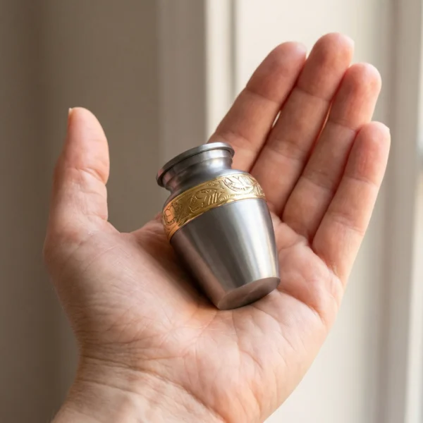 Small pewter-grey keepsake urn with gold band resting in an open palm to show its size