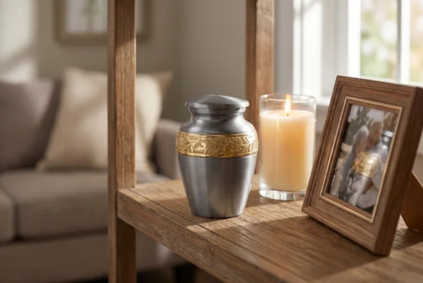 Pewter-grey keepsake urn with gold band on a shelf with a candle and a framed photo