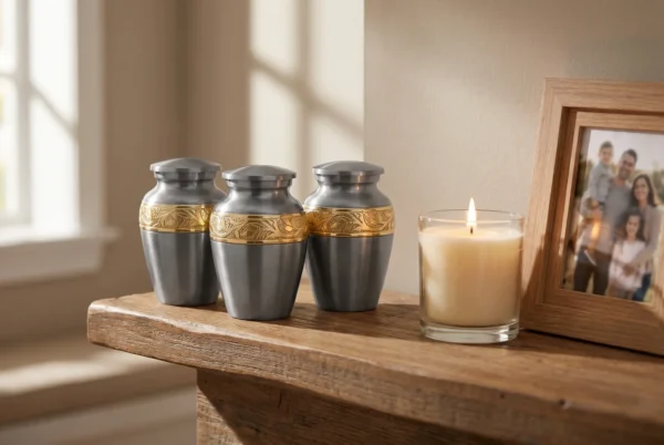 Three pewter-grey keepsake urns with gold bands on a mantel, one for each family member