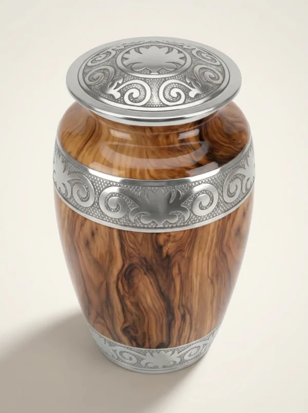 Oak wood-grain cremation urn three-quarter angle showing lid and silver banding