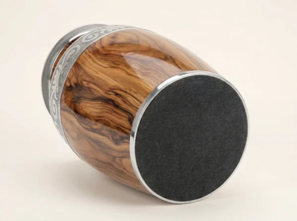 Oak wood-grain cremation urn base with protective charcoal felt bottom