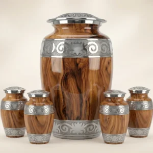 Teak oak wood-grain cremation urn family set with four matching keepsakes