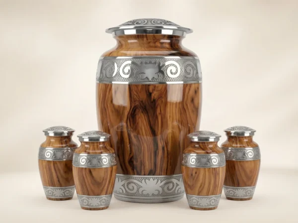 Teak oak wood-grain cremation urn family set with four matching keepsakes