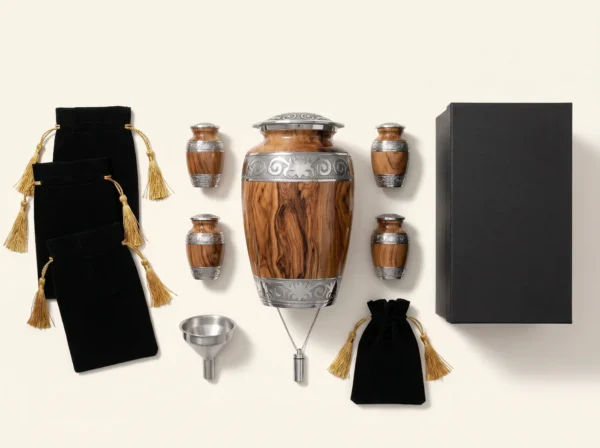 What is included with the oak wood-grain family set: large urn, four keepsakes, memorial necklace, velvet bags, silver funnel and gift box