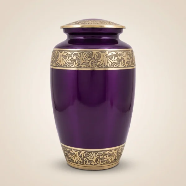Purple and gold cremation urn, three-quarter angle view