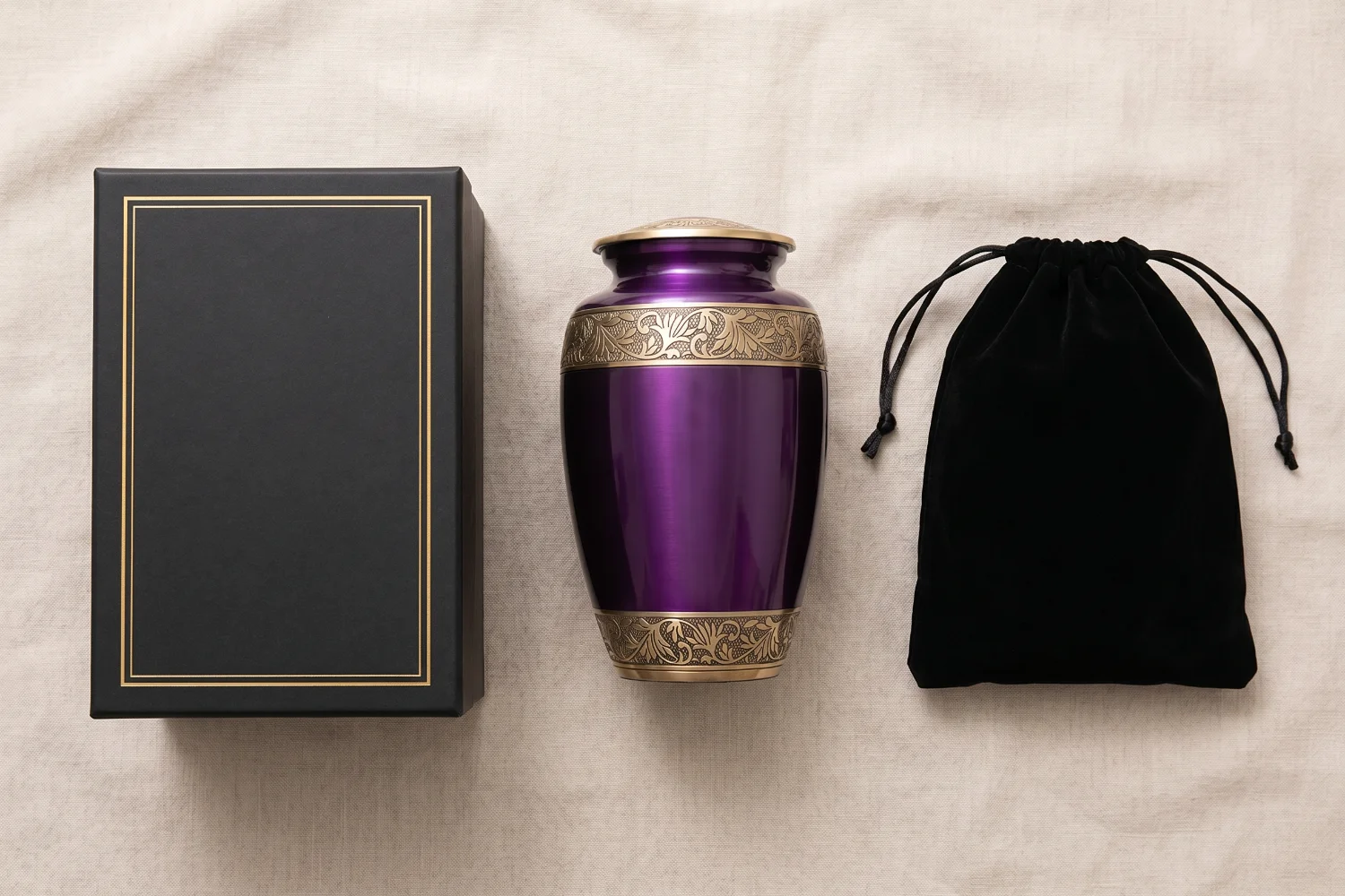 Cremation urn with a velvet drawstring pouch and gift box
