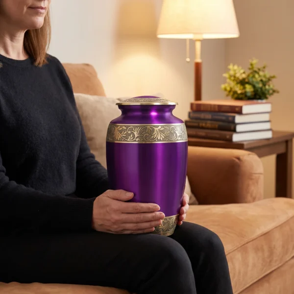 A woman holding the full-size cremation urn in her lap to show its scale