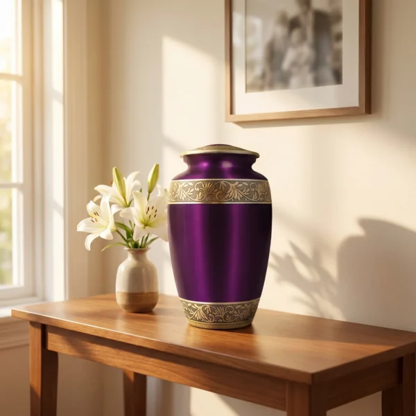 Purple and gold cremation urn displayed in a home setting