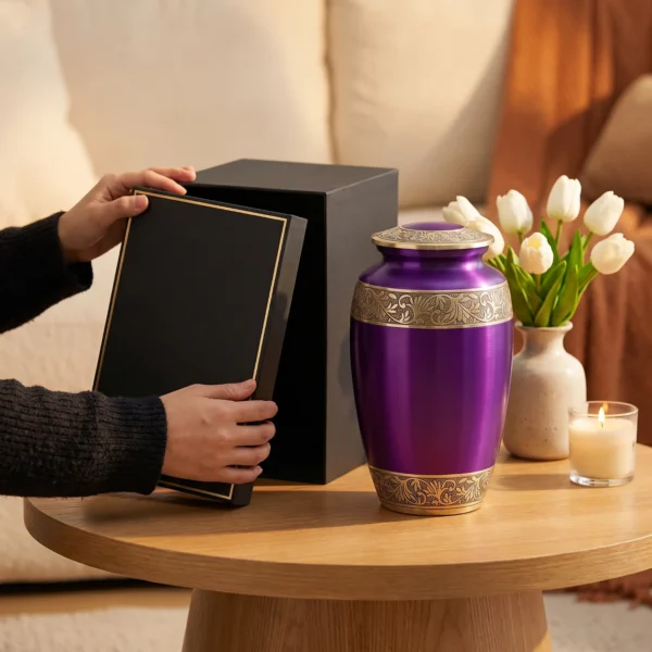 Opening the front-panel black gift box beside the plum and gold cremation urn