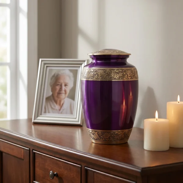 Plum and gold cremation urn beside a framed photo and candles as a lasting tribute