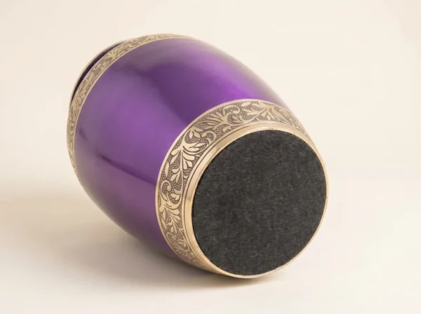 purple gold cremation urn base with protective charcoal felt bottom