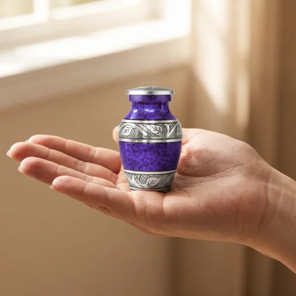 Small purple keepsake urn resting in an open palm to show its size