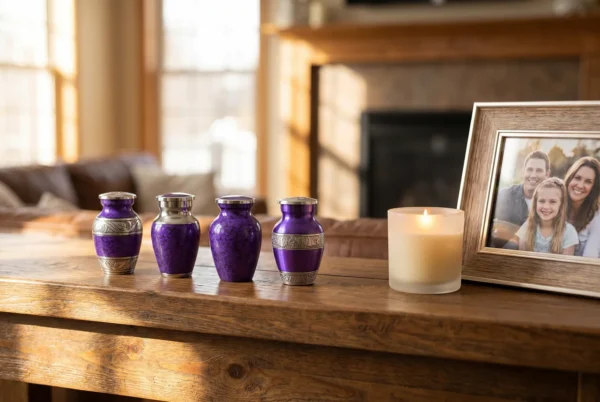 Four purple keepsake urns on a mantel, one for each family member